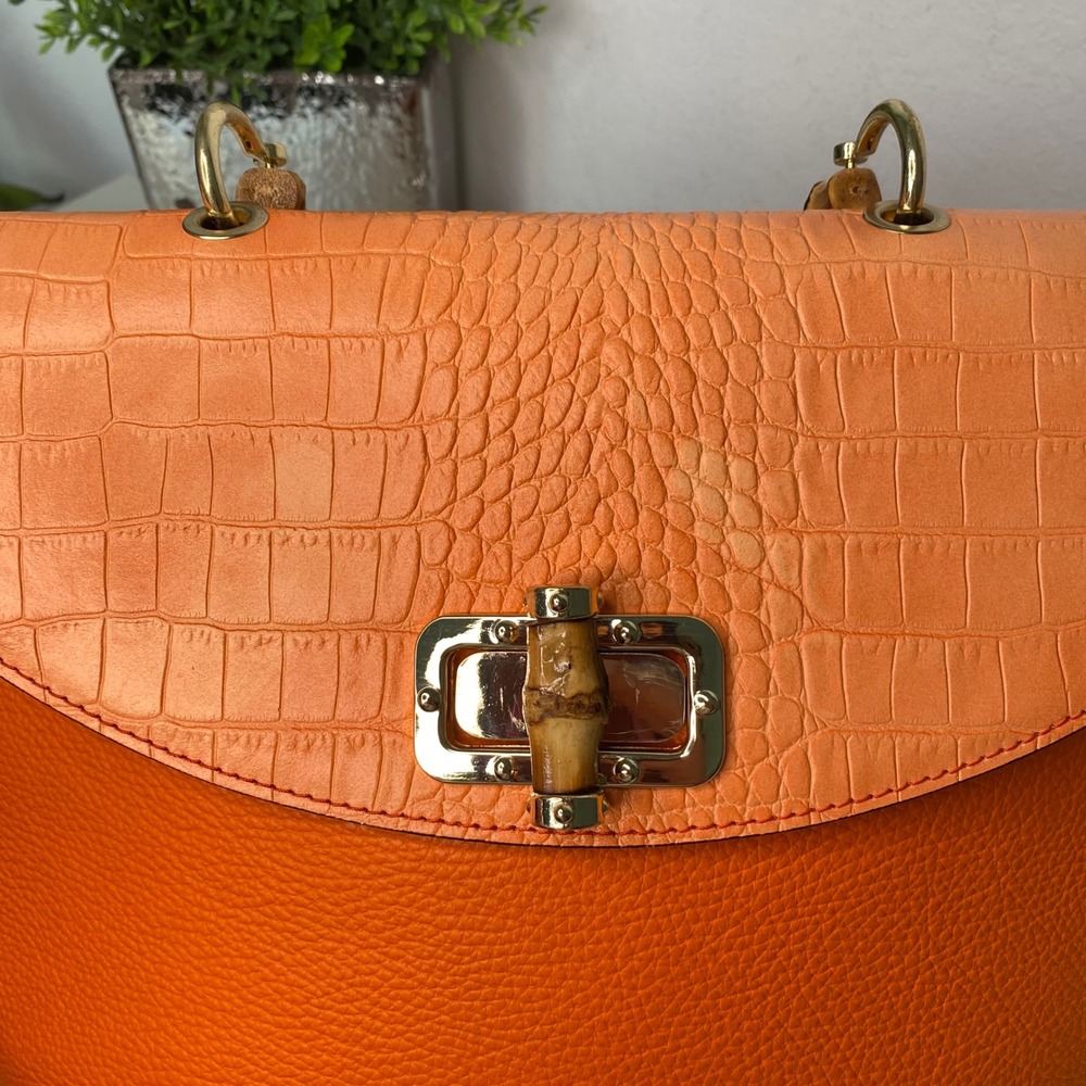 Borse in Pelle Satchel Crossbody Shoulder Bag Croc Emboss Orange Pebble Leather - Picture 4 of 12